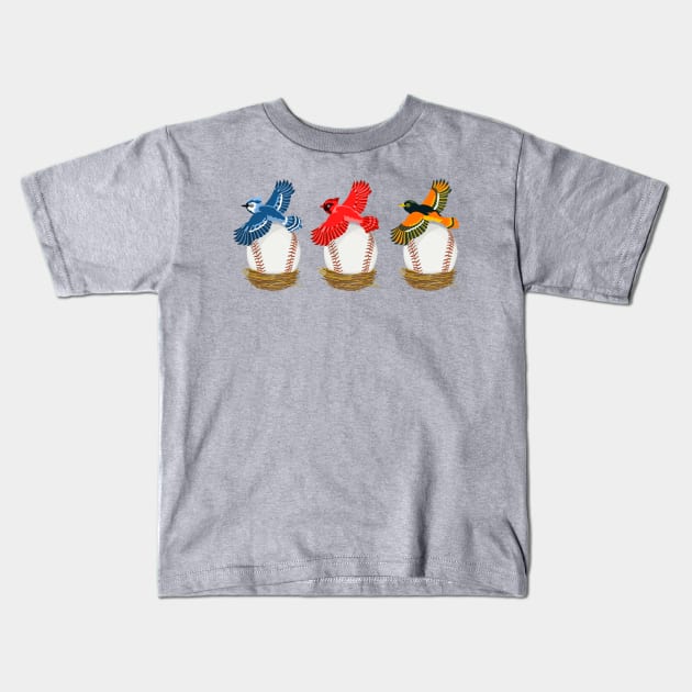 Play Ball! Blue Jay Cardinal Oriole Baseball Kids T-Shirt by BullShirtCo